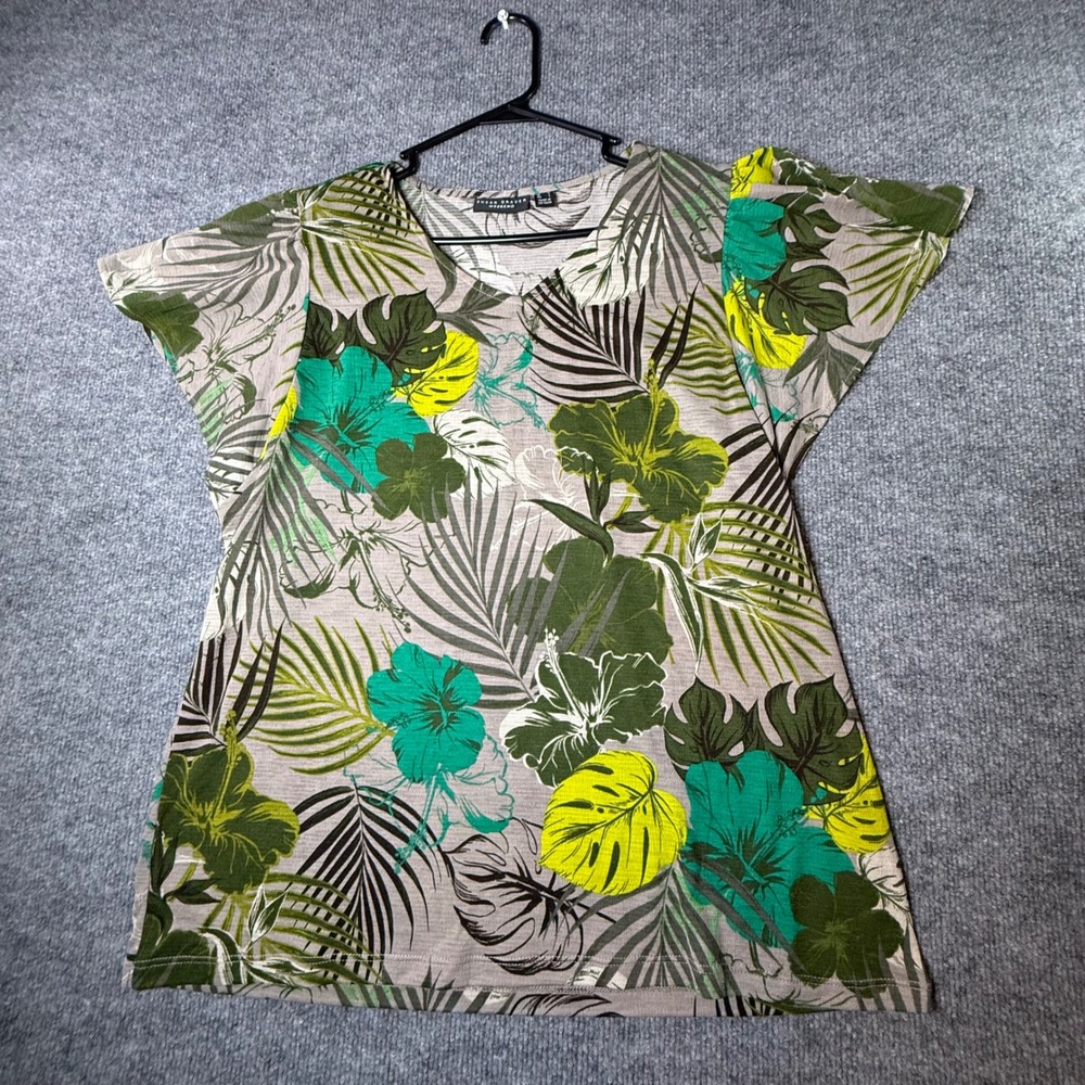 Susan Graver Weekend Womens Medium Green Tropical Hibiscus Palm V-Neck Top